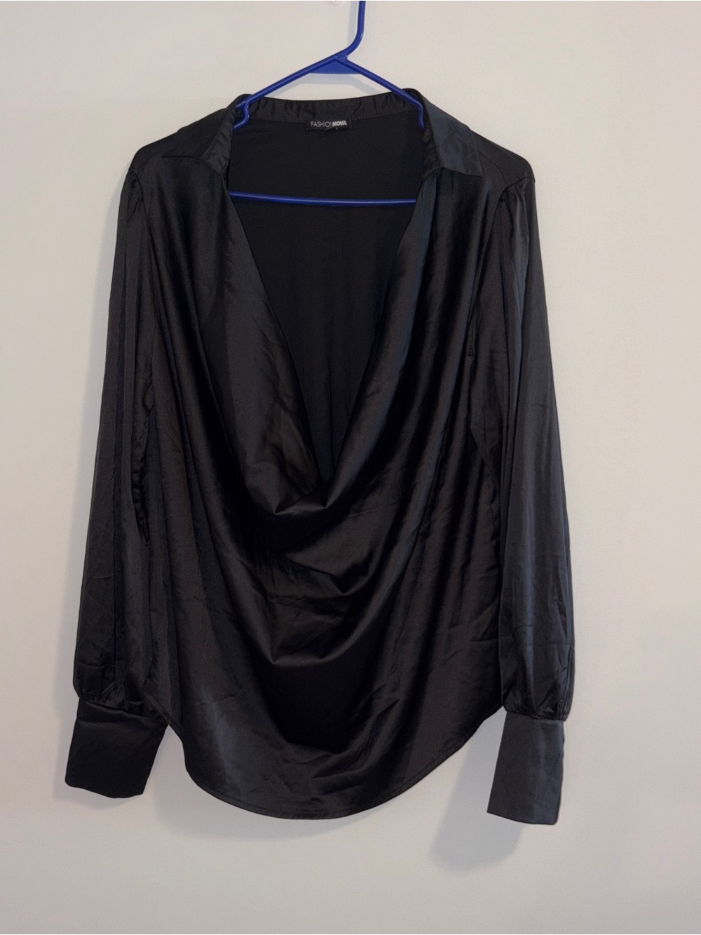 Fashion Nova Black Satin Cowl Neck Blouse